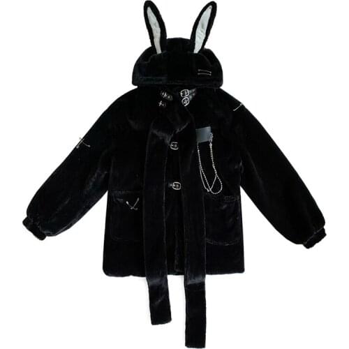Rabbit mink original design winter jacket rabbit ear hooded punk black cute girls kawaii parka with scarf