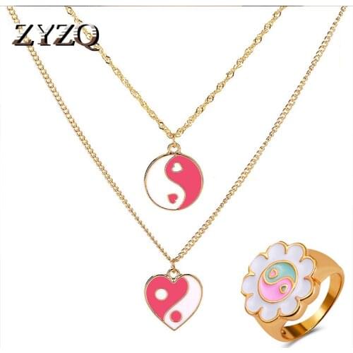 ZYZQ Creative Double Layer Love Gossip Picture Pendant Necklace&Ring Set For Women Fun Valentines Day Gift Jewelry Accessories