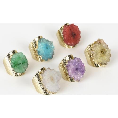 Dankaishi Women Fashion Rings Natural Stone Green Blue Red White Purple Yellow Crystal Druzy Quartz New Metal Rings for Men Gift