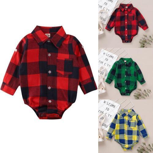Infant Newborn Baby Boys Girls Warm Clothes Plaid Long Sleeve Bodysuits Outfits One Piece Baby Bodysuits