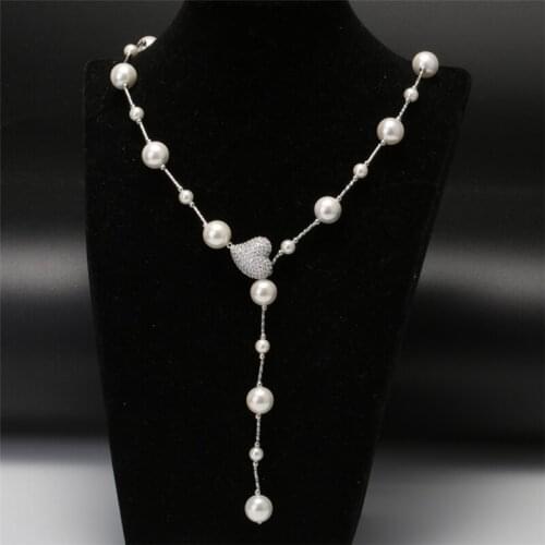 White cz paved heart leaf charm with white round pearl beaded long pendant necklace for woman elegant jewelry gift