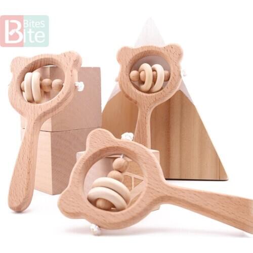 1Pc Baby Wooden Teether Bear Beech Rattle Chewing Wooden Ring Newborn Educational Musical Toy Food Grade Wood Rodent Baby Produt