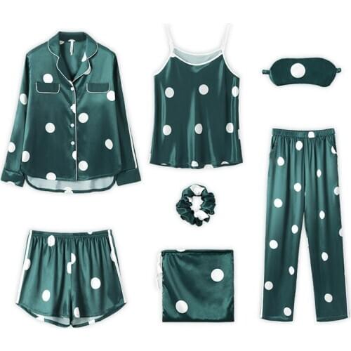 IZICFLY Spring Summer Autumn New Style Green Pijamas Women Sexy Faux Silk Dot Printing Women Sleepwear Sets homewear -7 Pieces