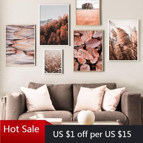 Autumn Mountain Tree Leaf Reed Wheat Wall Art Canvas Painting Nordic Prints Wall Pictures For Posters Aesthetic Room Decor