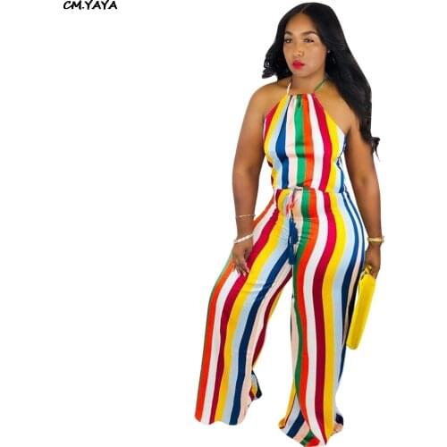 2019 New women summer colorful stripes halter neck open back jumpsuit sexy sleeveless straight romper playsuit GLOD8281