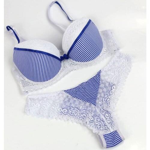 2021 New Women Bra Sets Lace Stripe Pattern Lingerie Underwired Thin Padded Underwear And Sexy Female Underpants Bikini Sets