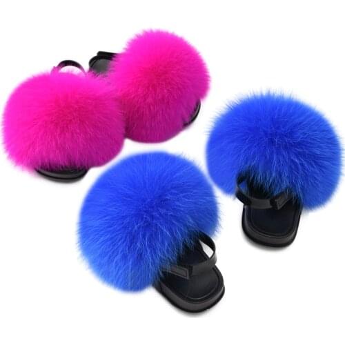 New Kids Back Strap Fur Slides Child Boys Girls Toddler Fluffy Real Fox Fur Slippers Slides Indoor Shoes