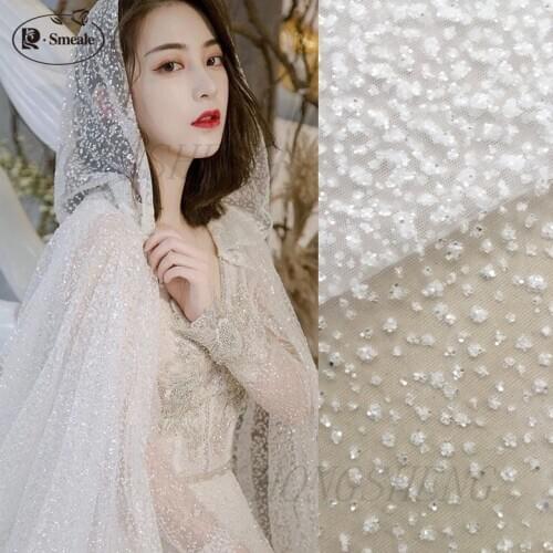 New European Heavy Lace Fabric Dress Mesh sequins Embroidered Fabrics Clothes Accessories width 130cm RS2134