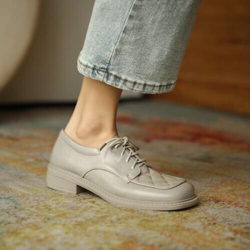Osunlina Brand Womans Flats Thick Bottom Elegant Square Toe Footwear Lace Up Gray Cow Leather Handmade Casual Lady Shoes A328