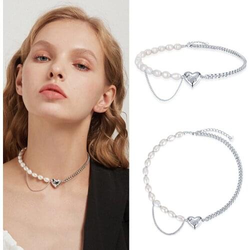 Heart-shaped diamond-encrusted su-baroque pearl chain stitching right necklace female choker collarbone chain necklace