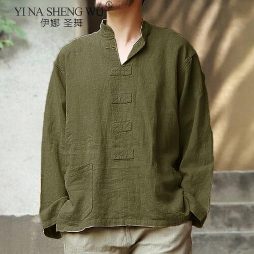 Shirt Men Casual Long Sleeve Kimono Vintage Solid Color Tops Pockets Chinese Style Mens Loose T-Shirts Hanfu Japanese Clothes