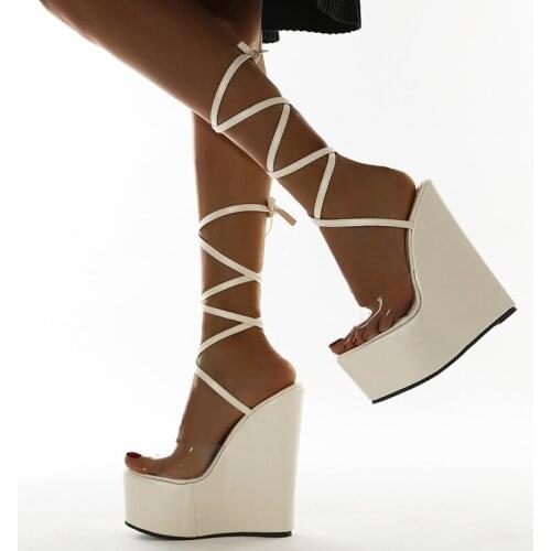 High Heels Sandals New Concise Cross-tied Platform Waterproof Roman Rubber Height Increasing Wedge Heel for Woman Peep Toe