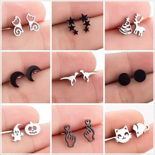 2020 Small Stainless Steel Earrings for Women Men Hip Hop Black Star Moon Cat Ghost Stud Earring Hallowmas Jewelry Gift Friend
