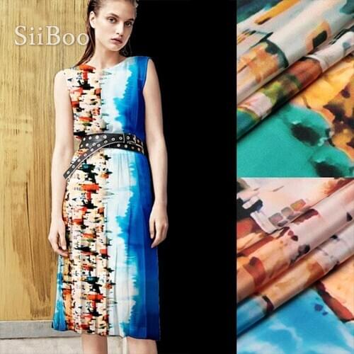 American style blue green inkjet print 100% Silk crepe de chine fabric for dress 14mm silk fabric tejido free shipping SP2781