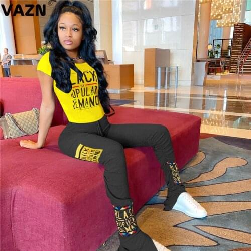VAZN 2020 Top Quality Plus Size Letter Casual Daily Young Short Sleeve Group Long Pants Regular Tracksuits Women 2 Piece Set