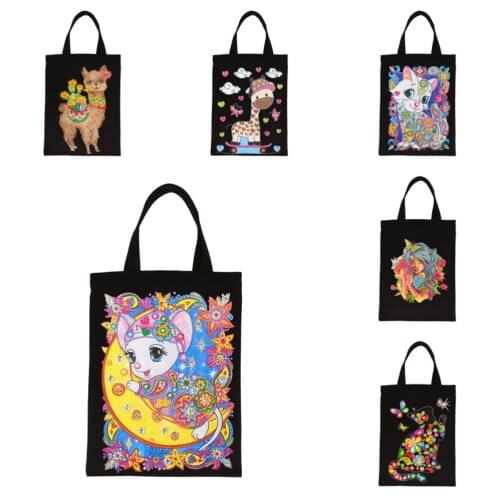 DIY Diamond Painting Tote Bag Reusable Durable Cute Cartoon Animal Diamond Embroidery Art Handbag Foldable Storage Bag Crafts