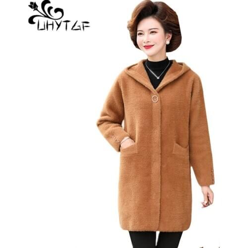 UHYTGF Autumn winter wool jacket women quality mink fleece casual 6XL plus size coat double-faced cashmere hooded outerwear 1053