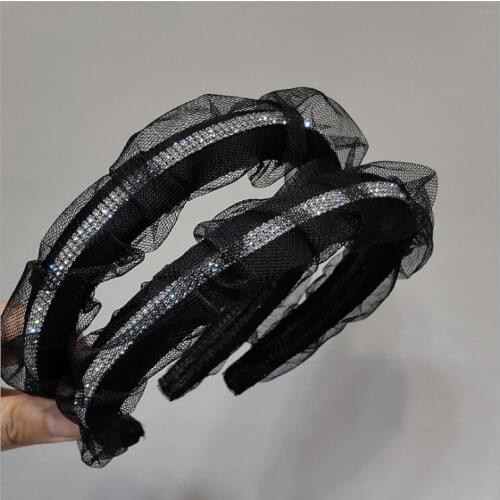 Women hairbands Black mesh lace rhinestone headband retro ins wear simple fashionable headband