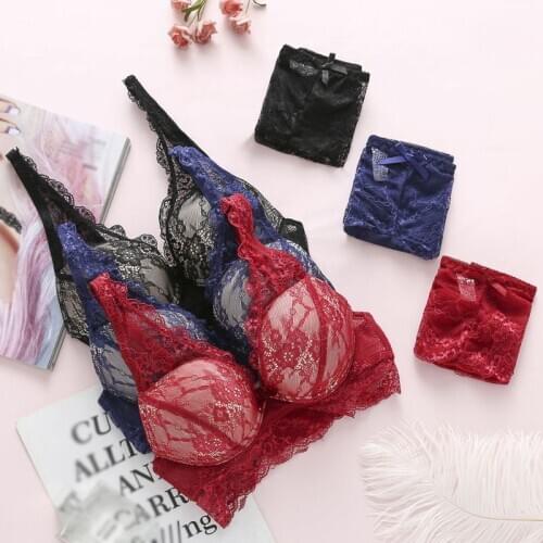 Women Lace EmbroideryBra Sexy Lingerie Solid Color Push Up With Steel Ring Gathering 3/4 Cup Bra Panties Set