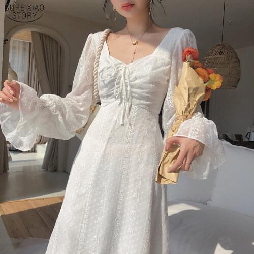 New 2021 Vintage Fairy Chiffon Long Dress Women White Elegant French Party Midi Dress Puff Sleeve Casual Womens Clothing 14278