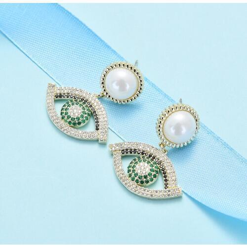 Zhijia Top Brand Luxury Trendy Gold Sliver Pearl Rhinestone Eyes Stud Earring For Women Dress Party Jewelry Gifts