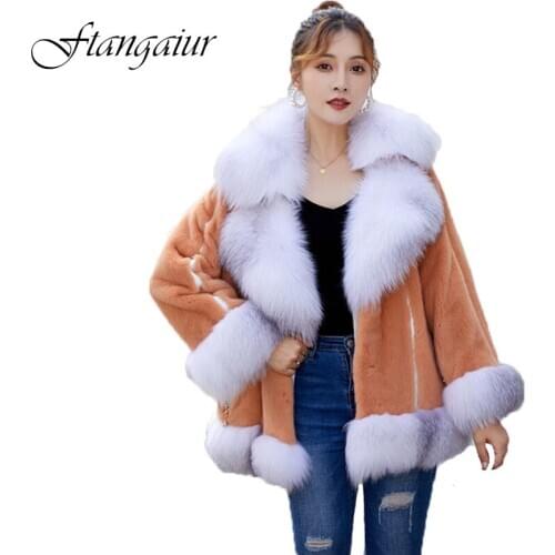 Ftangaiur 2020 Winter Import Velvet Mink Fur Coat Womens With Fox Fur Collar Sleeve Short Solid Natural Real Mink Fur Coats