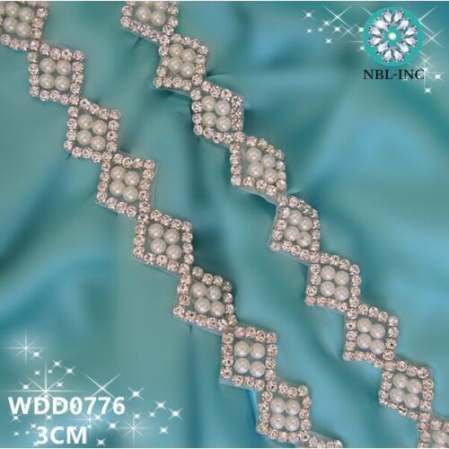 10 yards) Wholesale bridal hand beaded sewing silver crystal rhinestone pearl pplique trim iron on for wedding dresses WDD0776