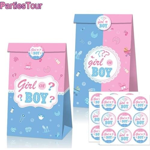 12set Gender Reveal Gift Bags Boy or Girl Cute Packaging Bag For Baby Shower Supplies Kids Birthday Party Candy Bag With Sticker