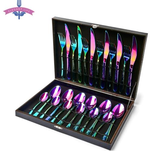 24PCS Tableware Flatware Set Non-fading Cutlery Sets 18/10 Stainless Steel Dinnerware Rainbow Dinner Kitchen Home Wood Gift Box