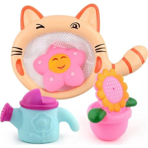 4pcs Fishing Net Animals Set Baby Shower Water Toy Cartoon Cat Net Shower Flower Pot Toy Game Set For Kid Bathroom Shower Game