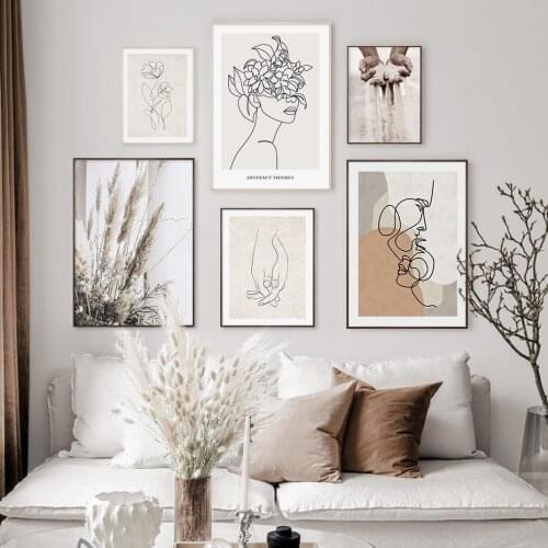 Abstract Line Minimalist Flowers Wall Picture Posters Bohemian Beige Canvas Painting Wall Art Living Room Decoration Home Decor