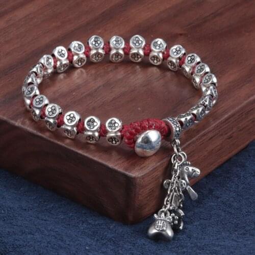 100% S925 Sterling Silver Wide Irregular Hand Bracelet Womens Retro Glossy Immediately Rich Flower Tassel Braided Bracelet