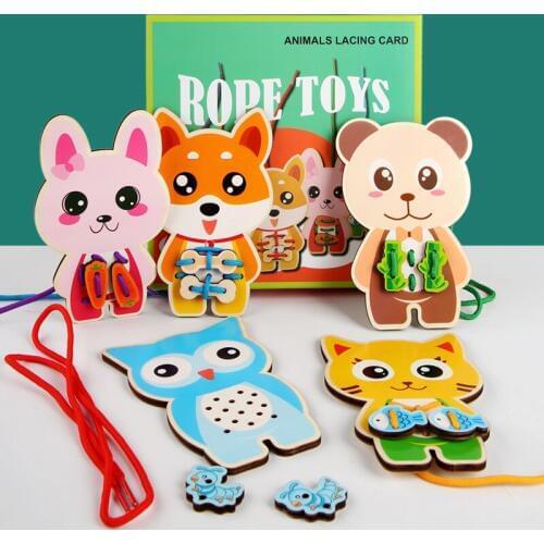 Baby Toy Wooden DIY Puzzle Lacing Card Cartoon Animal wooden Rope game Handwork for children Educational Monterssori Toy for kid