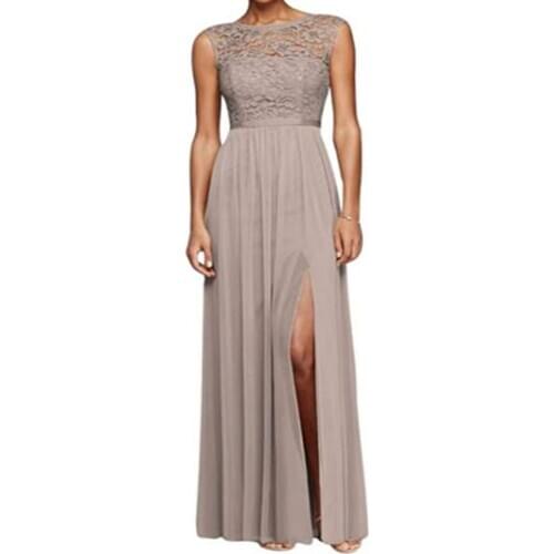 Elegant embroidered lace round neck long bridesmaid dress skinny sleeveless retro party cocktail dress