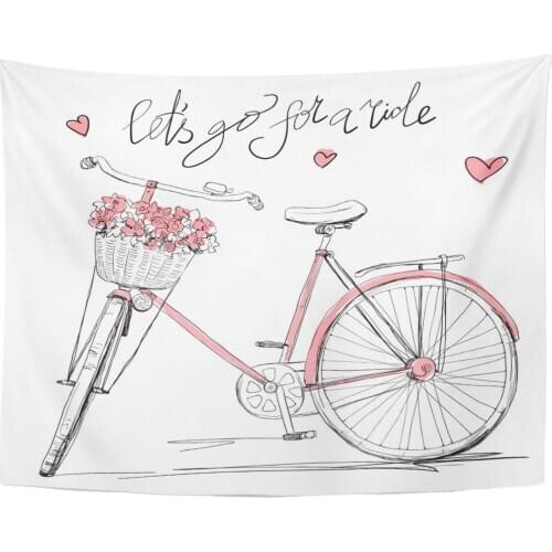 Tapestry Pink Vintage Bicycle with Basket Full of Flowers Girl Bike Tapestries Wall Hanging for Living Room Bedroom Dorm