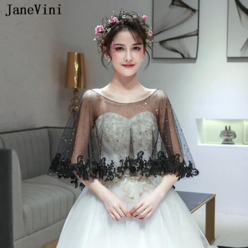 JaneVini Elegant Summer Black Wedding Bolero Women Shawls and Wraps Appliques Edge Tulle Bridal Prom Capes Wedding Accessories