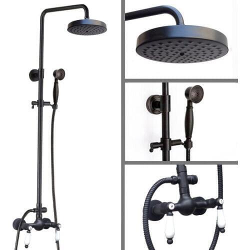 Black Oil Rubbed Brass Dual Ceramic Handle Bathroom 8 Inch Round Rain Shower Faucet Set Bath Mixer Tap Hand Shower mrs476