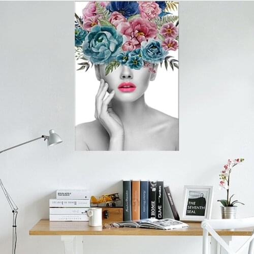 Fashion Beautiful Flower Woman Portrait Art Picture Canvas Paintings Wall Poster and Print for Living Room Home Decoration