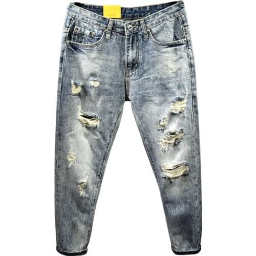 Wholesale 2021Beggar pants men’s jeans ripped holes loose scratched new Korean big holes students teenagers harem pants