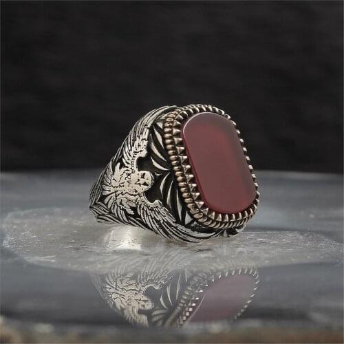 Eagle With the Agate Gemstone 925 Sterling 925 K Silver Men 'S Ring