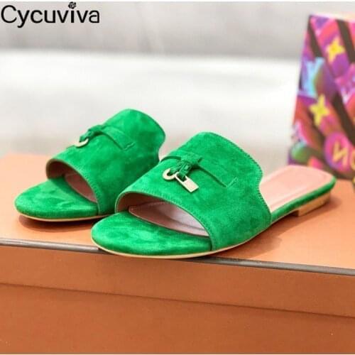 Hot Kid Suede Women Slippers Metal Lock Decor Slides Summer Flat Casual Shoes Candy Color Mules Summer Walk Slippers Women
