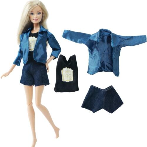 BJDBUS 3 Pcs/Set Handmade Girl Doll Outfit Shiny Coat Black Top Shirt Short Pants Girls Clothes for Barbie Doll Accessories Toy