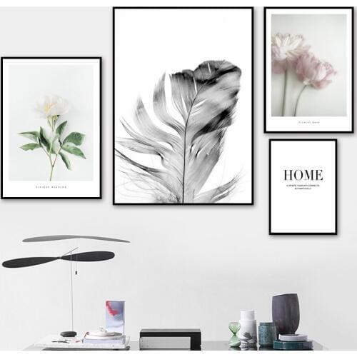 Wall Art Canvas Painting Camellia Feather Quotes Bedroom Nordic Posters And Prints Wall Pictures Kids Living Room Decor