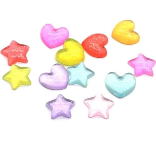 New Kawaii Resin Glitter Heart Star Candies Resin Flatback Transparent Jelly Heart Star Cabochons Miniature Dollhouse