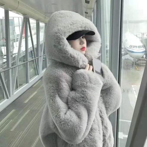 Women 2021 Winter New Fashion Loose Faux Fur Coats Female Fake Rex Rabbit Hooded Jackets Ladies Mid-long Thick Warm Outwear Q549