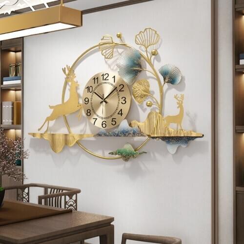 New Chinese Wrought Iron Ginkgo Leaf Deer Wall Clocks Home Livingroom Wall Mural Crafts Art Hotel lobby Wall Sticker Decoration