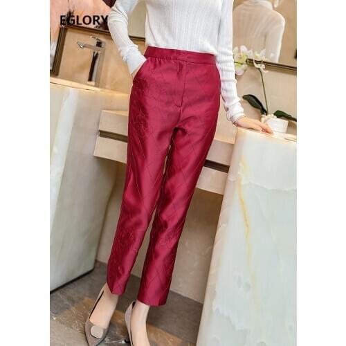 2020 Autumn Winter Pants High Quality Women Exquisite Embroidery Skinny Leggings Wine Red Black Pants & Capris Female Basic Pant