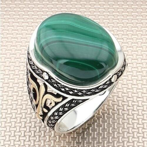 Dished Oval Green Malachite Stone Men Silver Ring With Symmetrical Motif Made in Turkey Solid 925 Sterling Silver