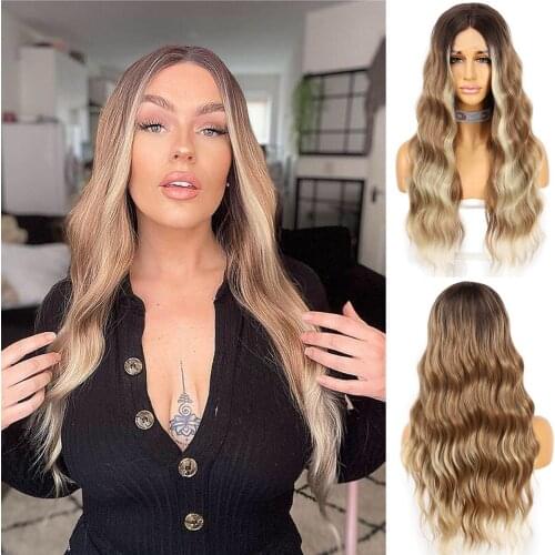 Krismile Balayage Wig Synthetic Lace Wig Ombre Brown Highlight Long Wavy Middle Parting Hair for Women Daily High Temperature