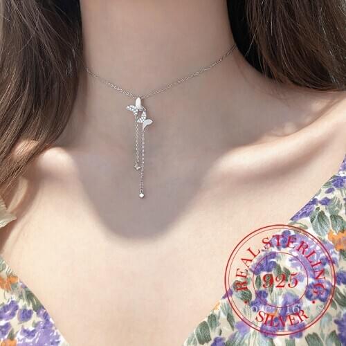 Real 925 Sterling Silver Tassel Crystal Double Butterfly Charm Necklace For Women Choker Collares Wedding Party Jewelry Gift